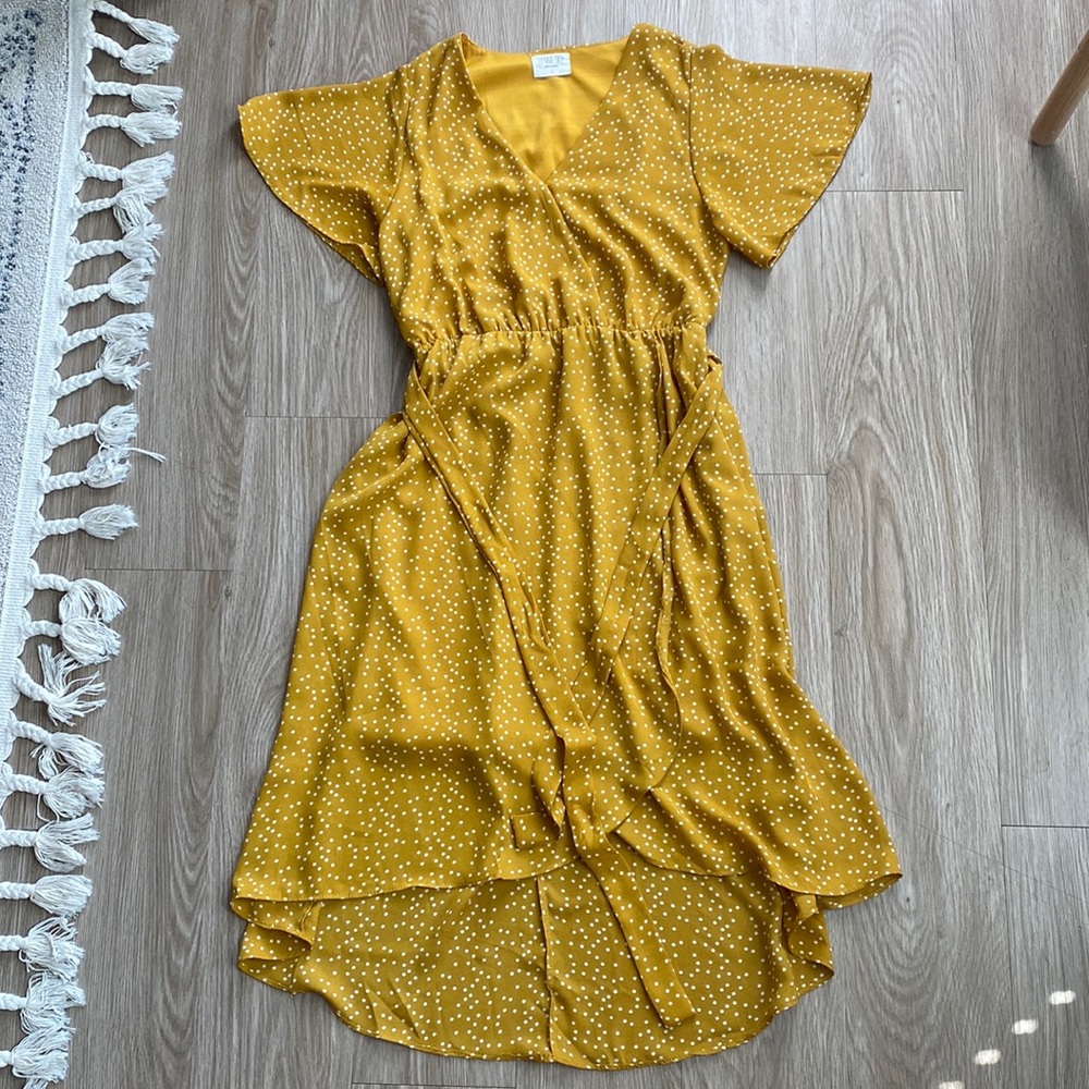 Mustard yellow, polka dot , high-low dress